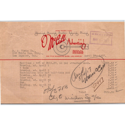 1917 Los Angeles McCall Advertising Letterhead w/ Arrow Bull's-eye Silver Ink