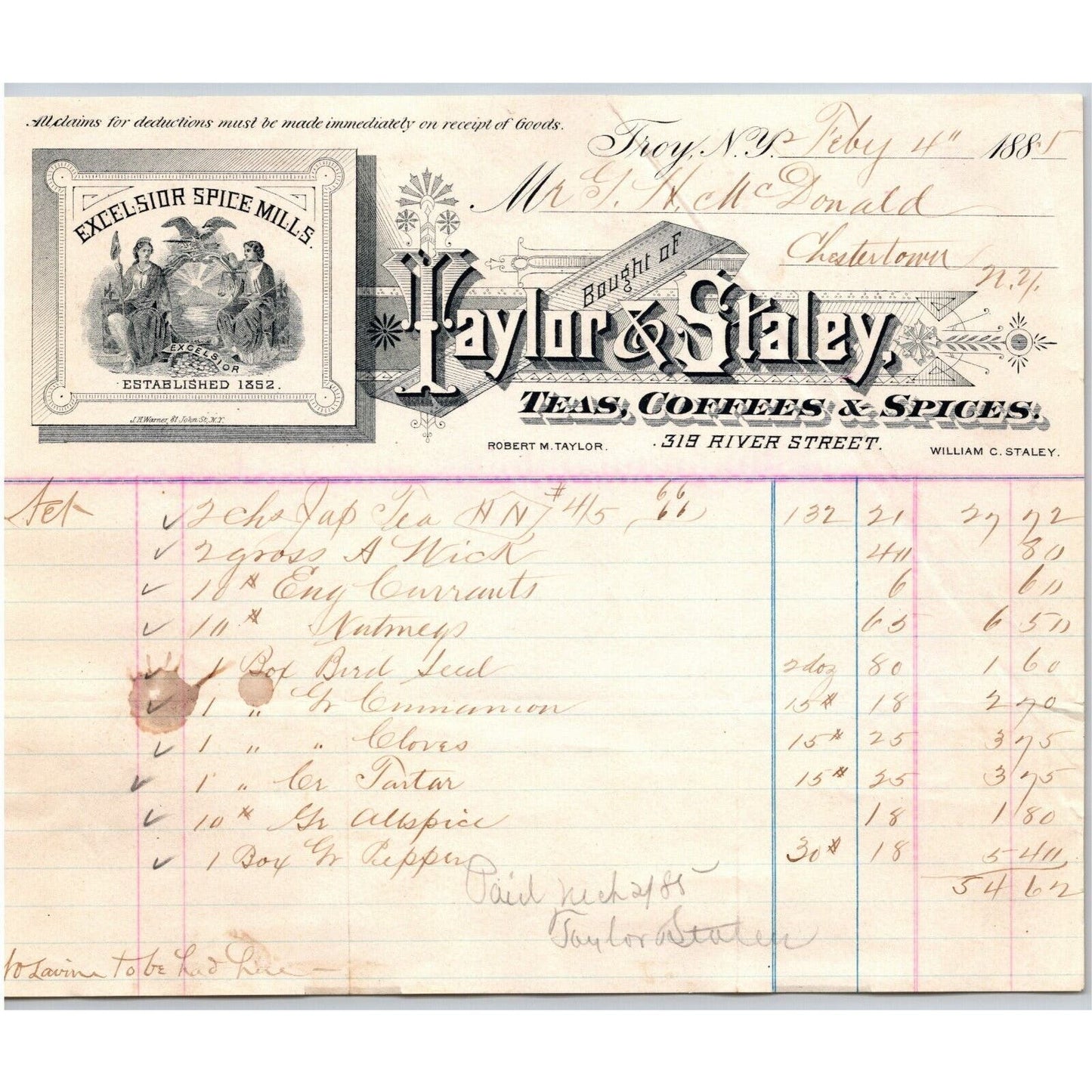 Troy, NY Letterhead Taylor & Staley "Teas Coffees & Spices" Excelsior 1885