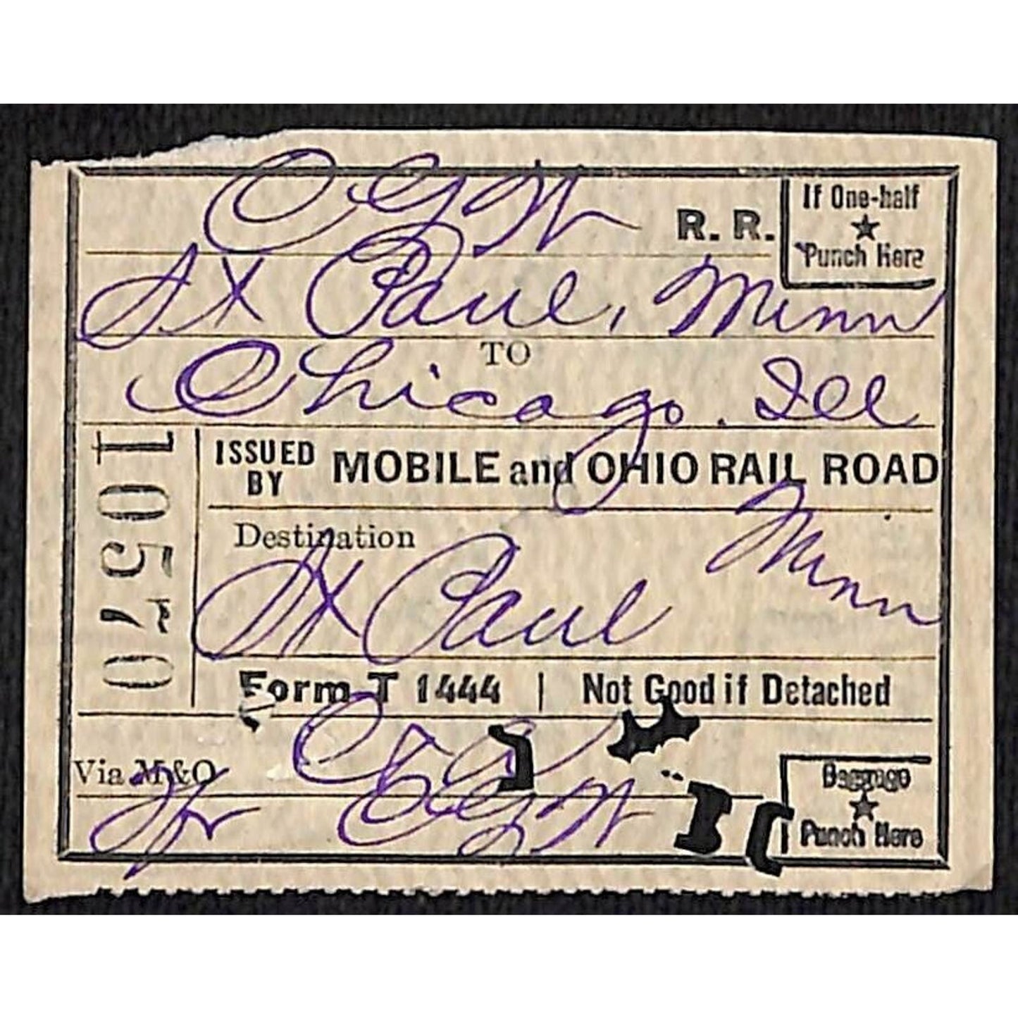 Mobile and Ohio Railroad Ticket Chicago St. Paul 1925 #10570 Scarce