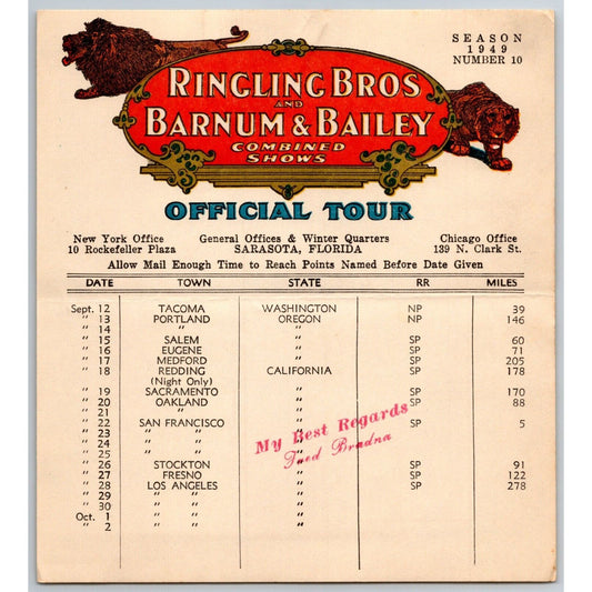 1949 Ringling Bros Barnum Bailey Circus Route Card Tacoma Portland Oakland
