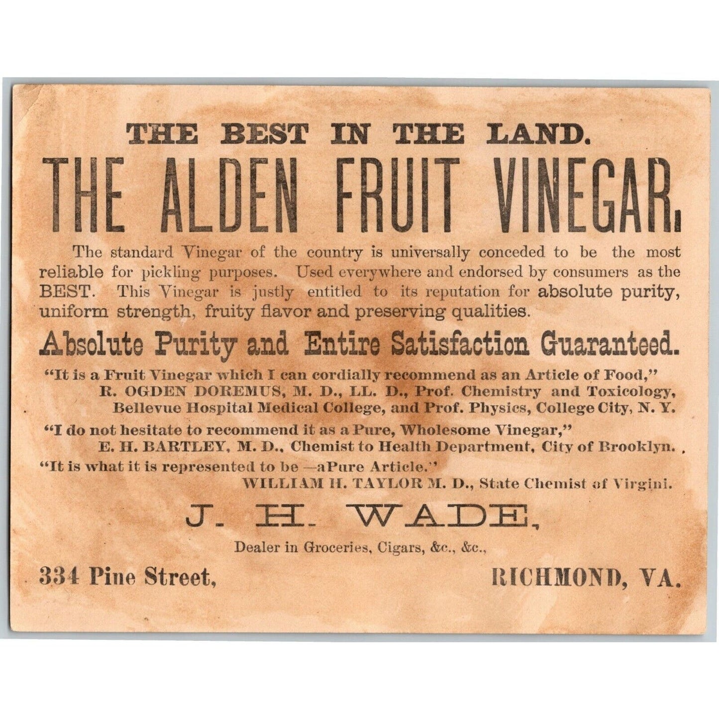 Alden Fruit Vinegar J. H. Wade - Richmond, VA Bird Large Victorian Trade Card