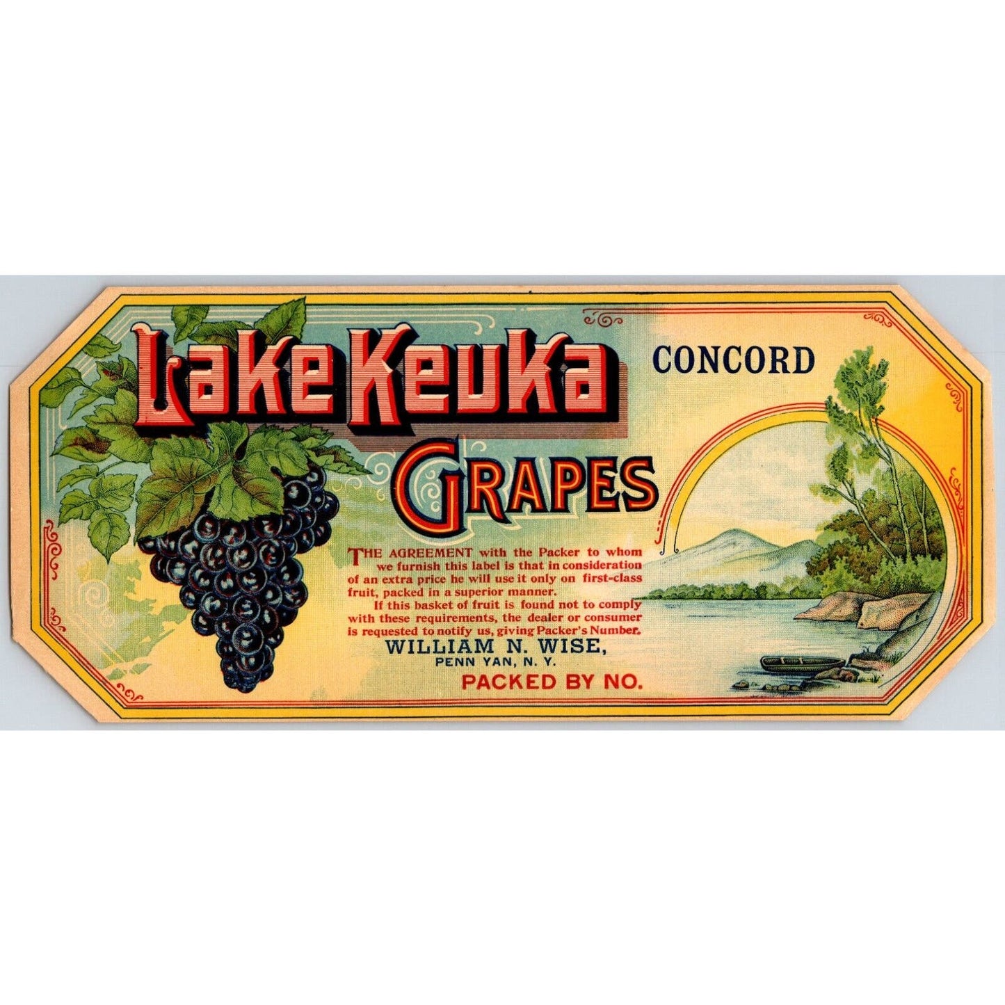 Lake Keuka Concord Grapes Paper Crate Label William N Wise Penn Van, PA c1900