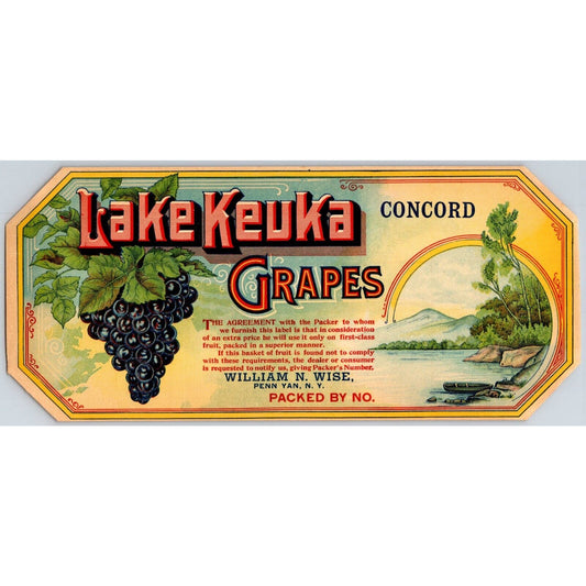 Lake Keuka Concord Grapes Paper Crate Label William N Wise Penn Van, PA c1900
