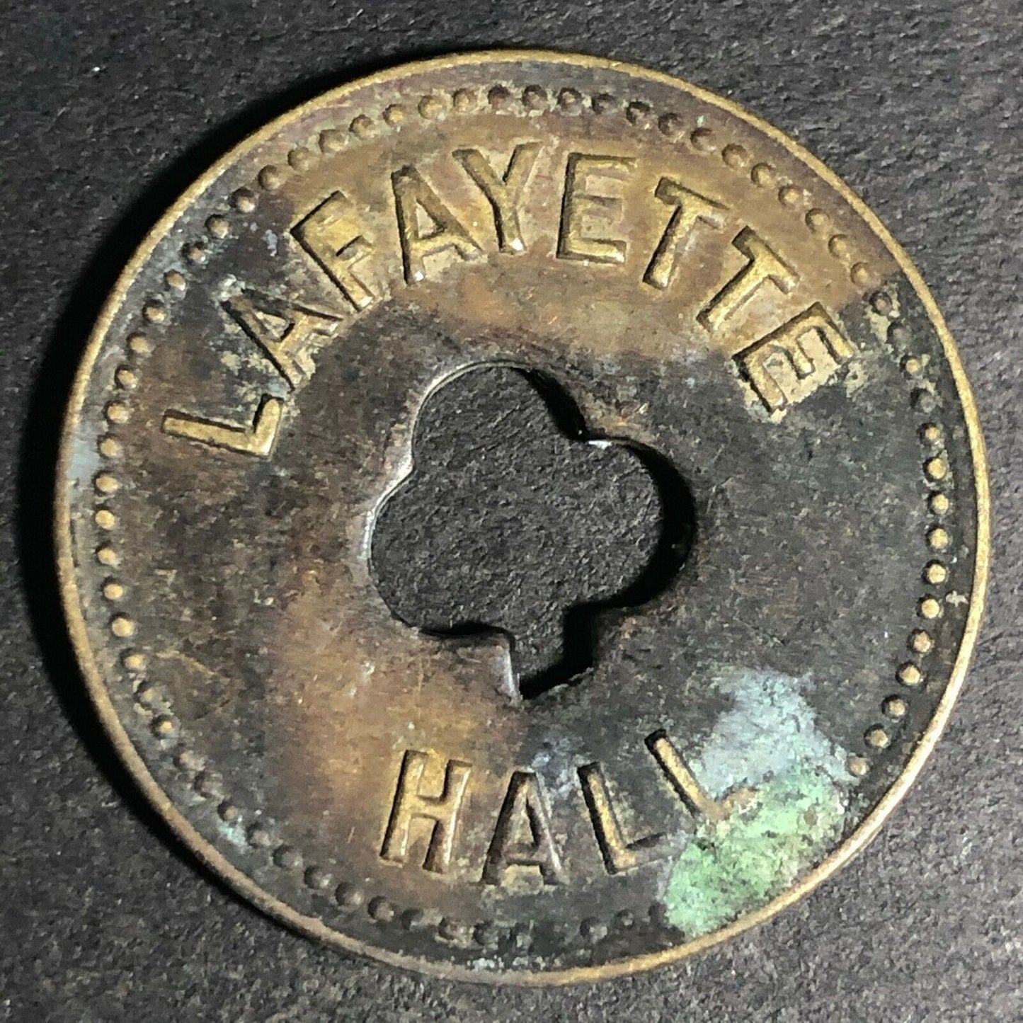 24.5mm Brass Lafayette Hall (Saloon Sacramento, CA) Token Clover Shamrock (#46)