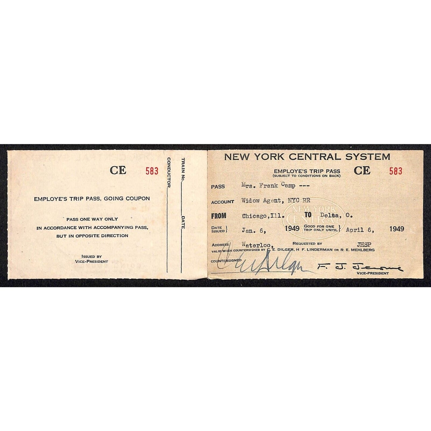 New York Central System Railroad 1949 Employe's Trip Pass #583