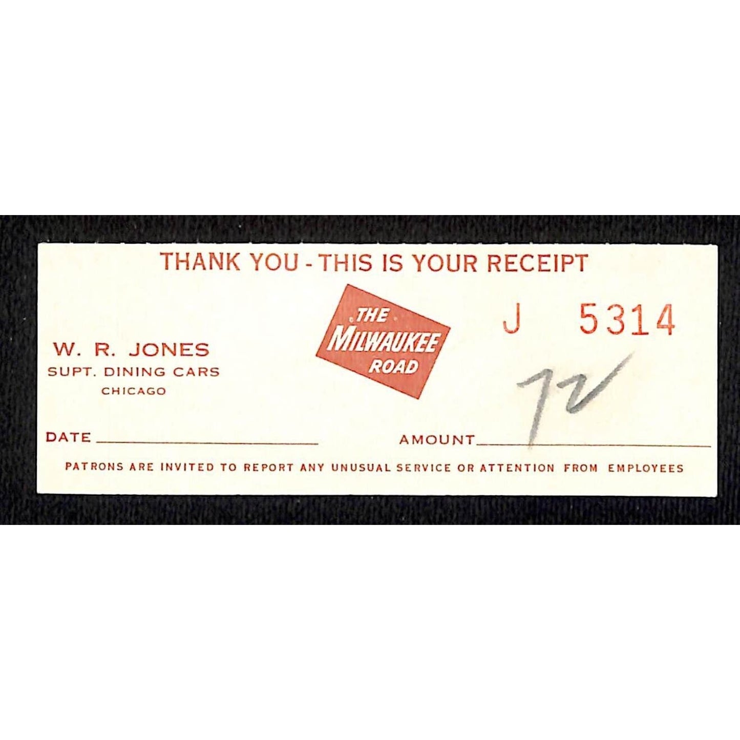 The Milwaukee Road Railroad Dining Card Receipt c1960's #5314