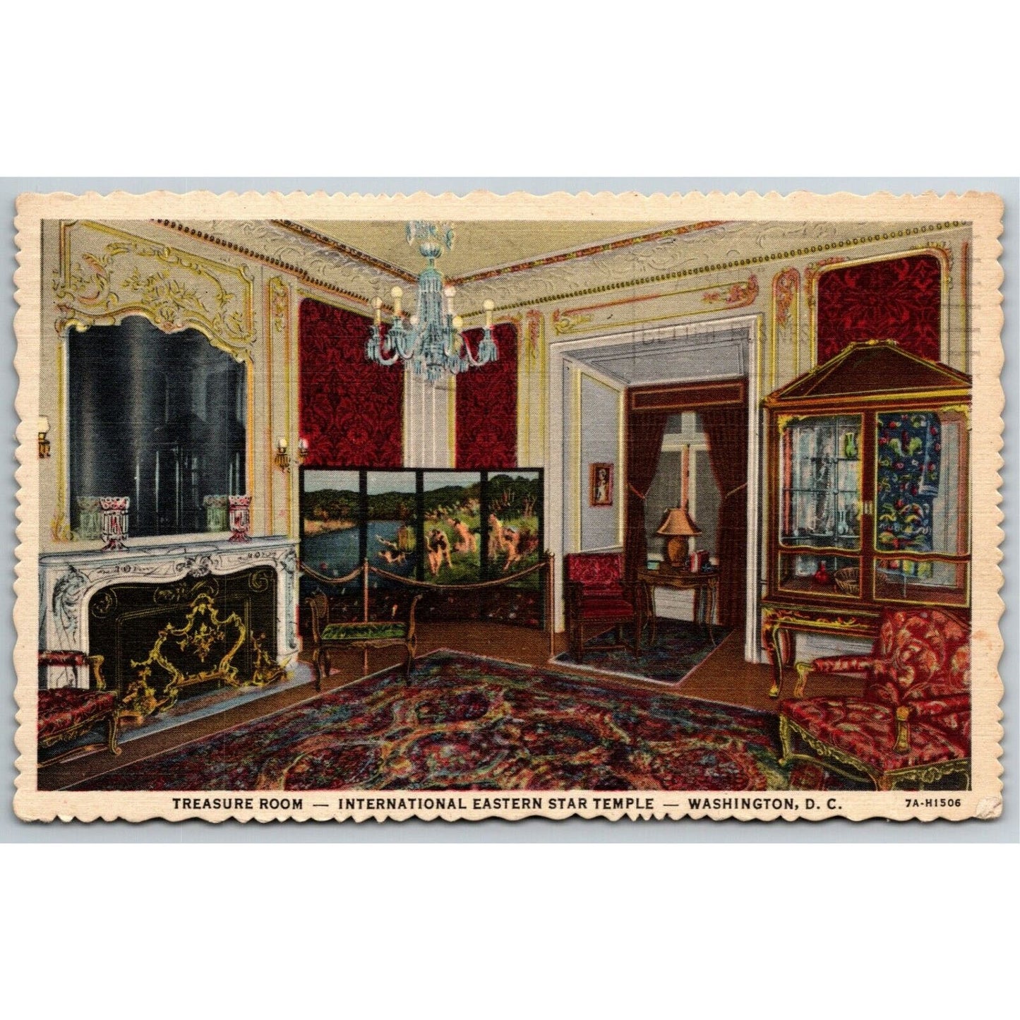 Vintage Linen Scalloped Postcard Treasure Room Intl. Eastern Star Temple Wash DC