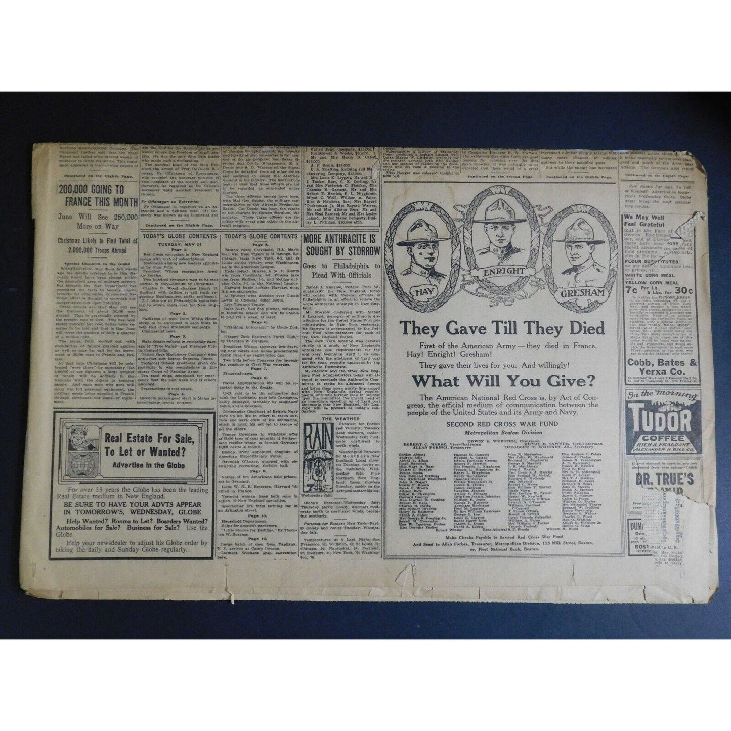 WWI Era Newspaper - Boston Daily Globe - May 21 1918 - 4 pgs.