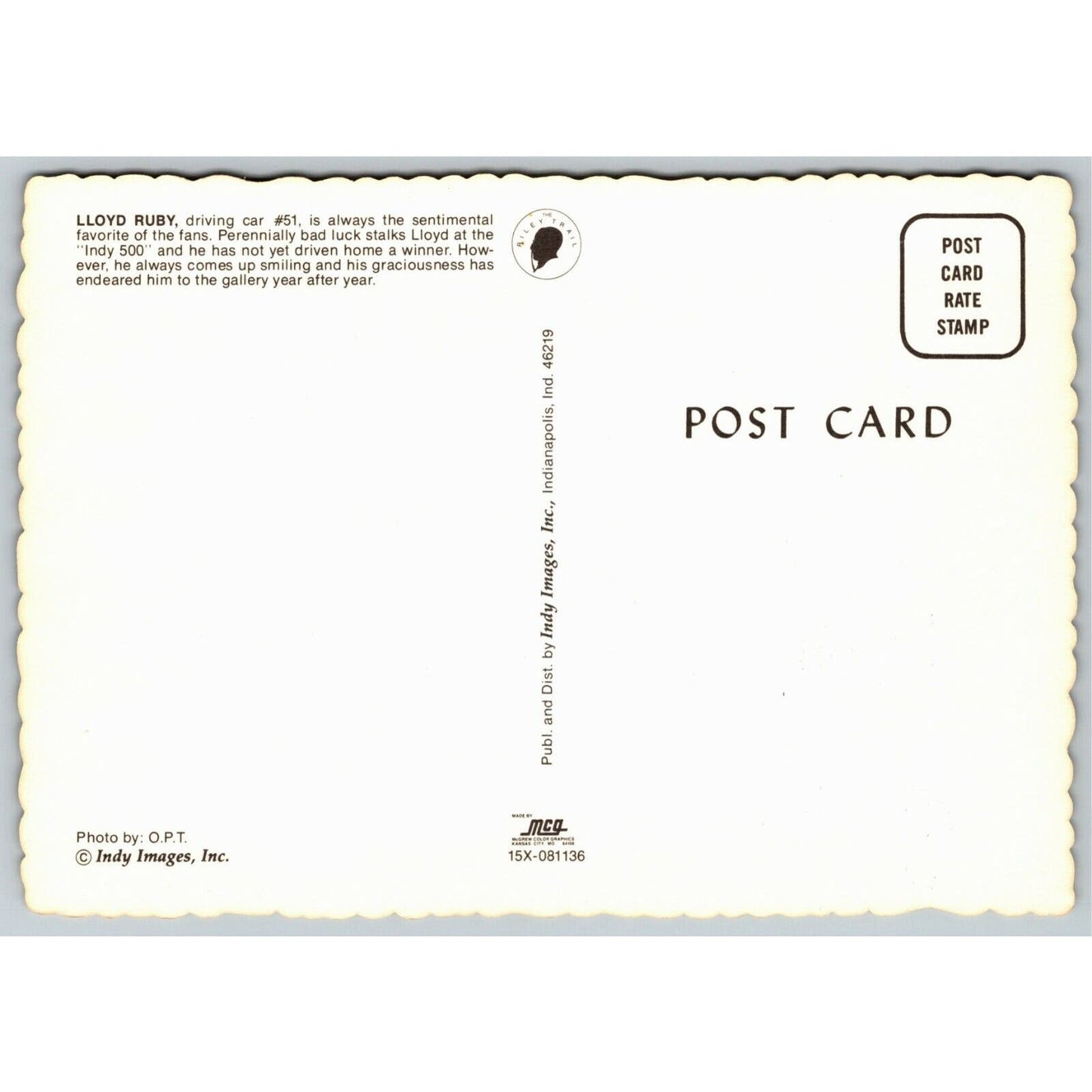 Vintage Indy 500 Postcard c1976 Lloyd Ruby Pit Stop Scalloped NOS 4" x 5 3/4"