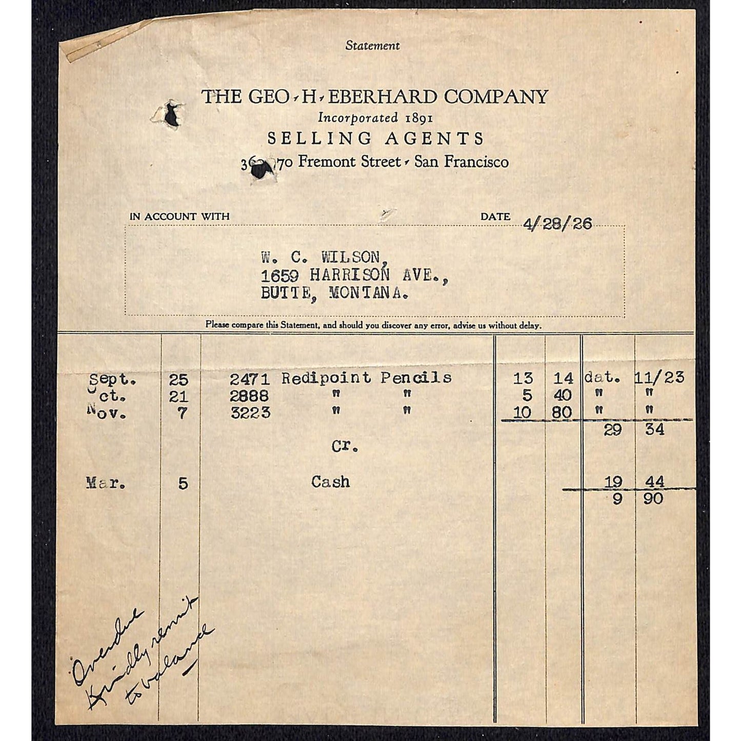 Geo. H. Eberhard Co. Butte Montana c1926 Billhead Letterhead - Wilson Drug