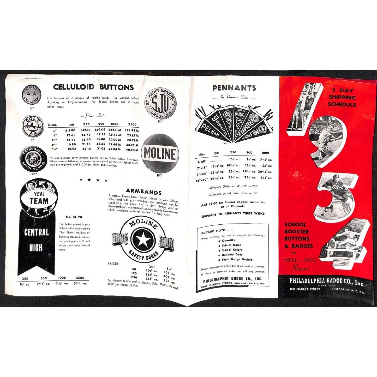 1954 Philadelphia Badge Co. School Sports Pennant Button Ribbon Flyer Sheet