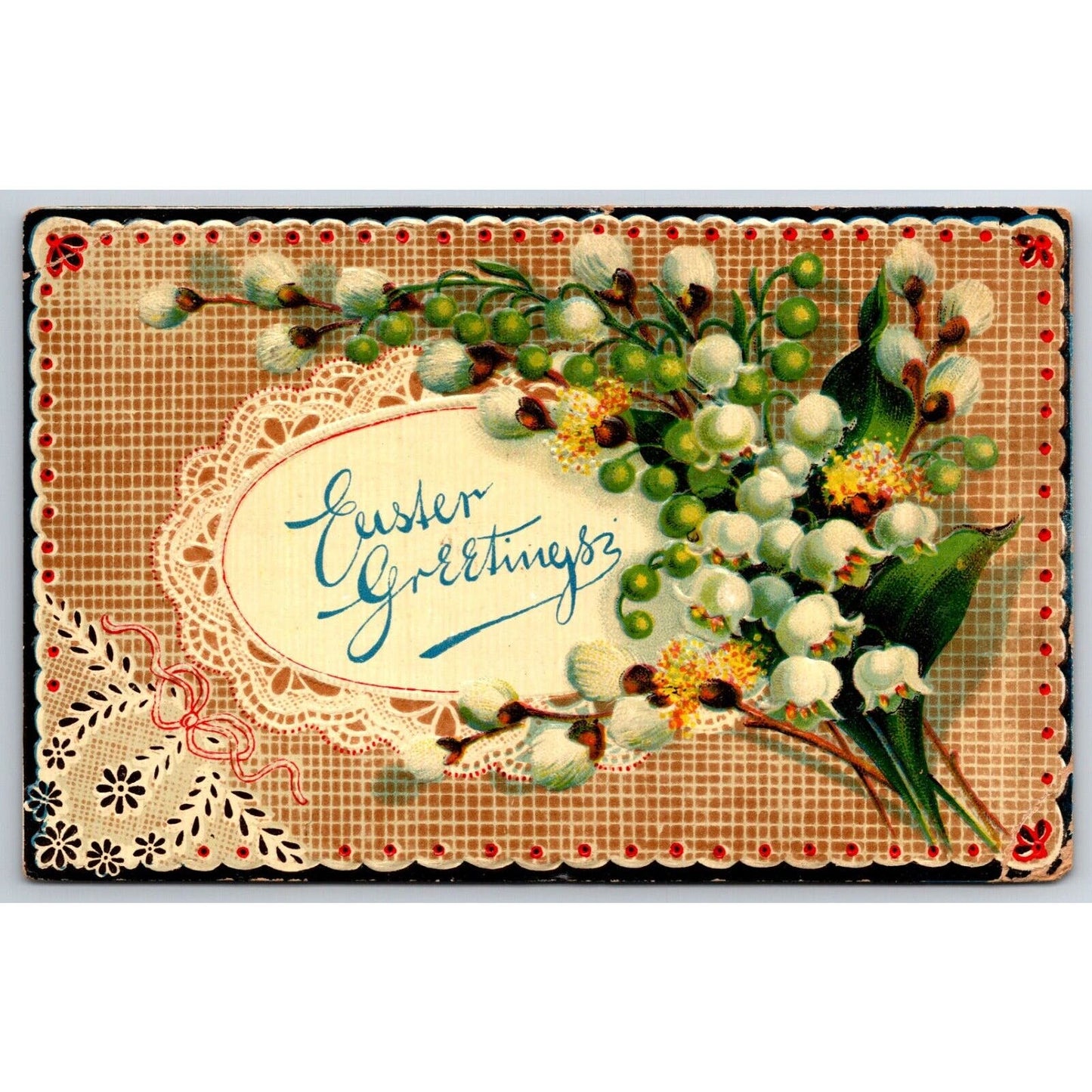 Easter Postcard "Easter Greetings" Floral Glossy Emb. PM 1911