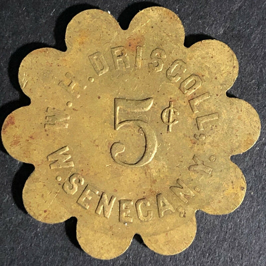 West Seneca, NY - W.H. Driscoll (Saloon ?) Brass 5c Token 30mm Scarce Scalloped