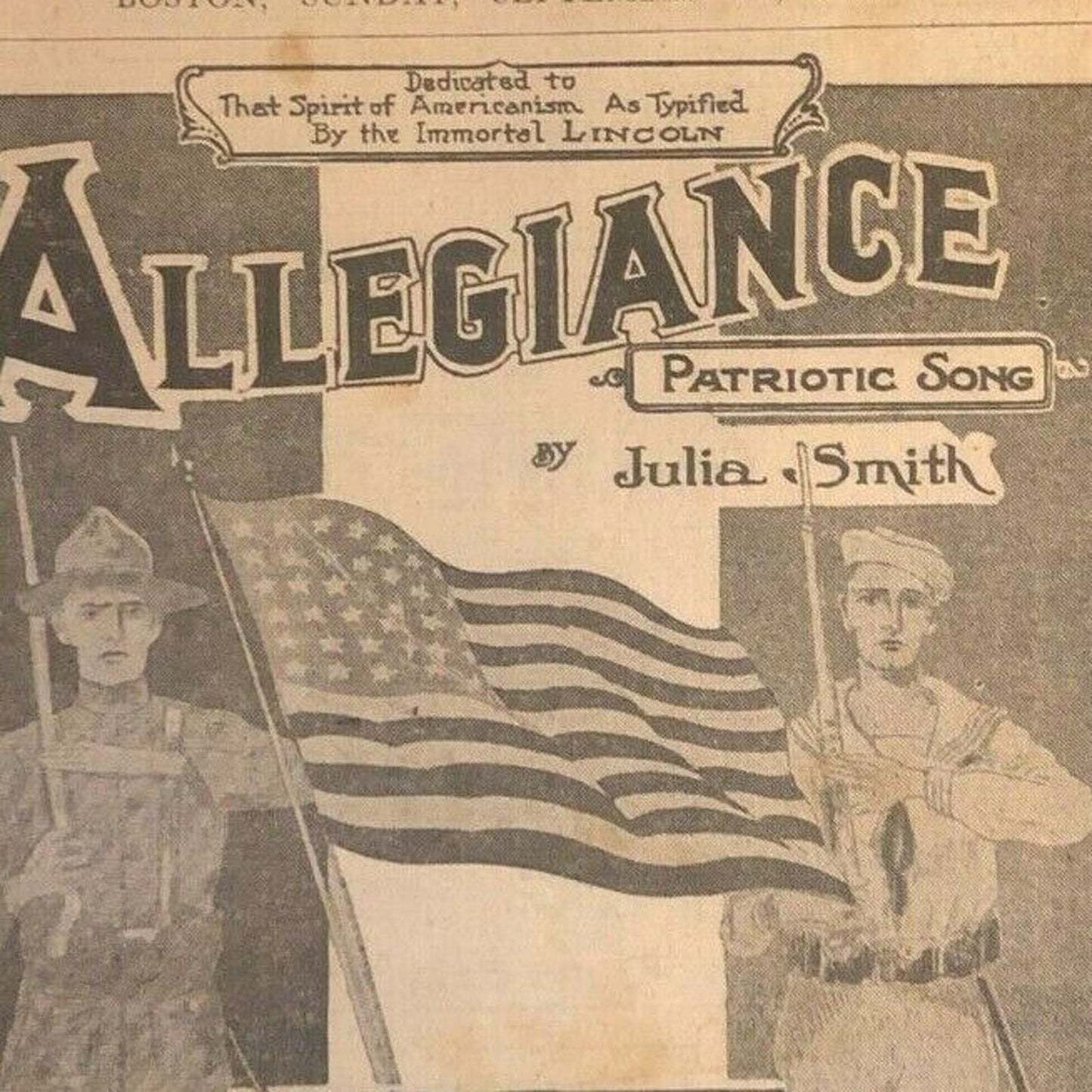 Vintage 1918 Boston Newspaper Sheet Music Insert "Allegiance" Julia Smith