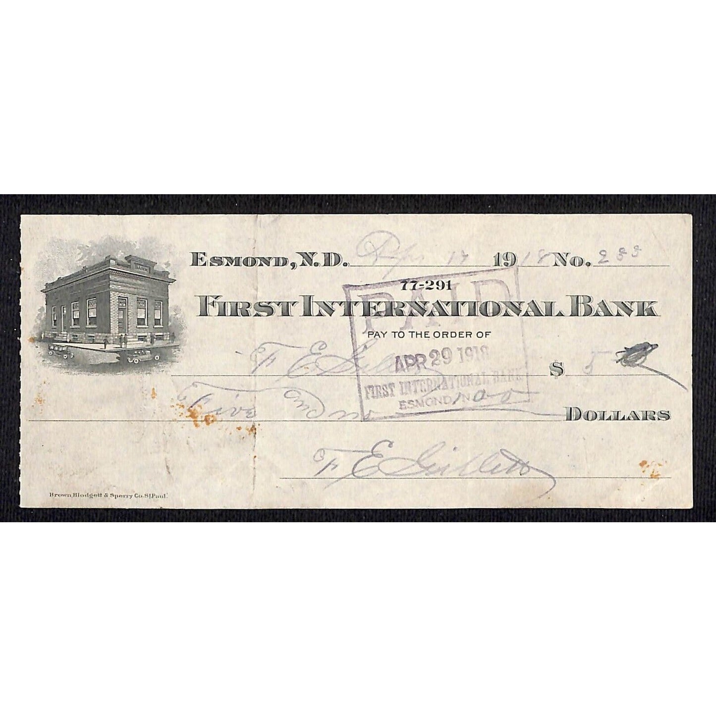 Esmond, ND First International Bank Check 1918 w/ Building Vignette