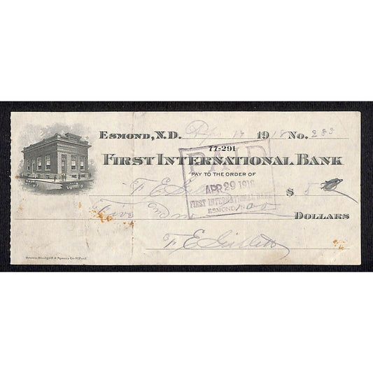 Esmond, ND First International Bank Check 1918 w/ Building Vignette