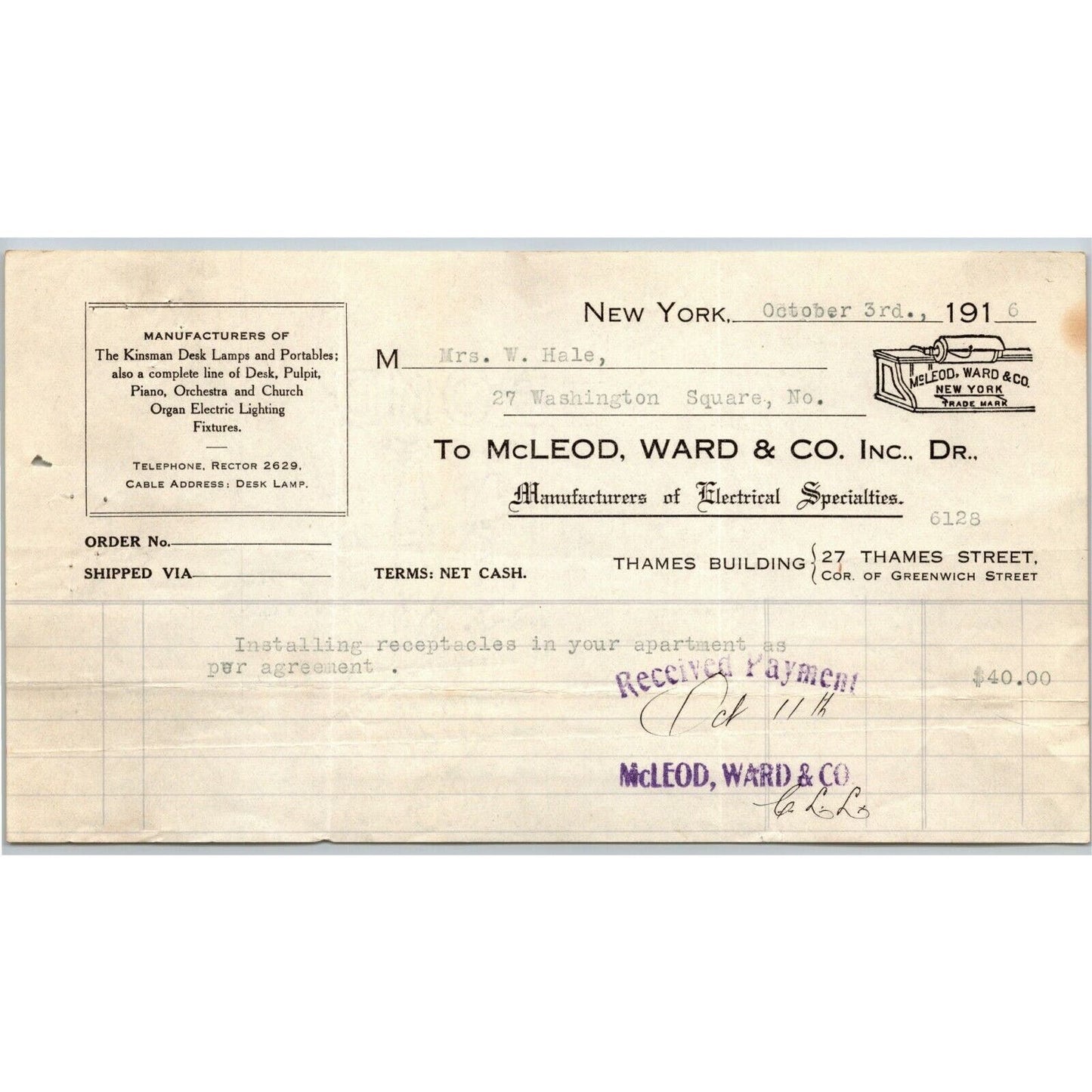 1916 McLeod, Ward & Co. Electrical Letterhead Billhead 27 Thames St. NYC