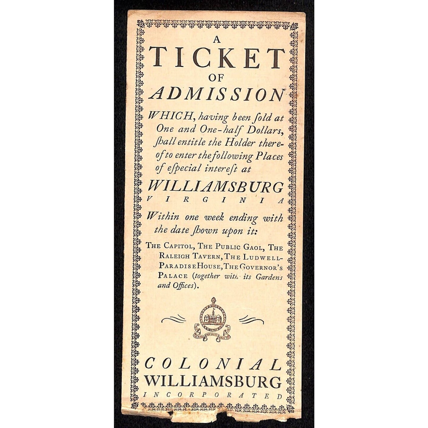 c1940's-50's Colonial Williamsburg $1.50 Admission Ticket - Scarce