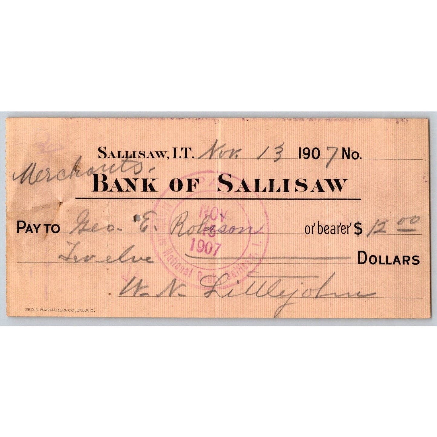 Sallisaw Indian Territory Okla. 1907 (Dated 3 Days Before Statehood) Bank Check