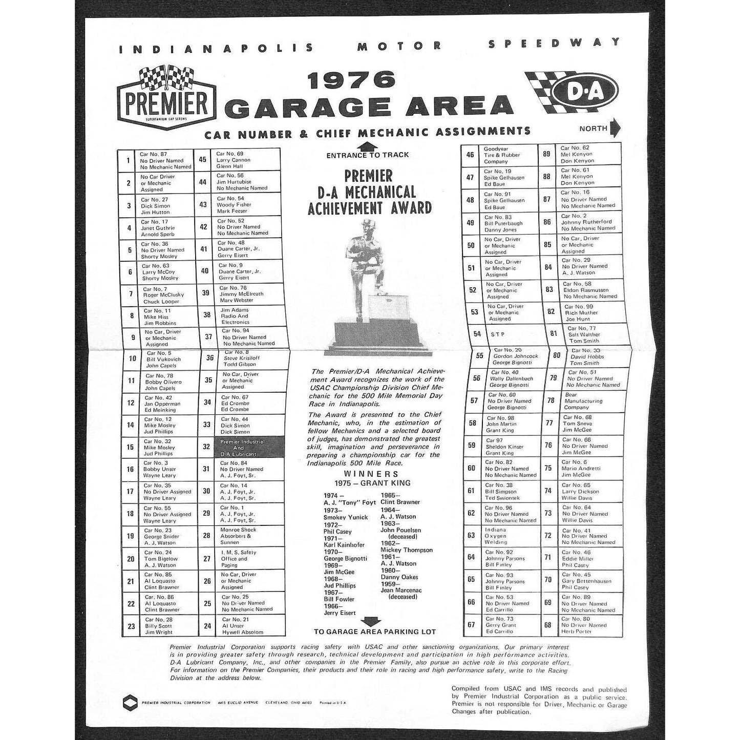 1976 Indy 500 Indianapolis Motor Speedway Premier Garage Area Map Guide Sheet
