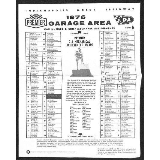 1976 Indy 500 Indianapolis Motor Speedway Premier Garage Area Map Guide Sheet