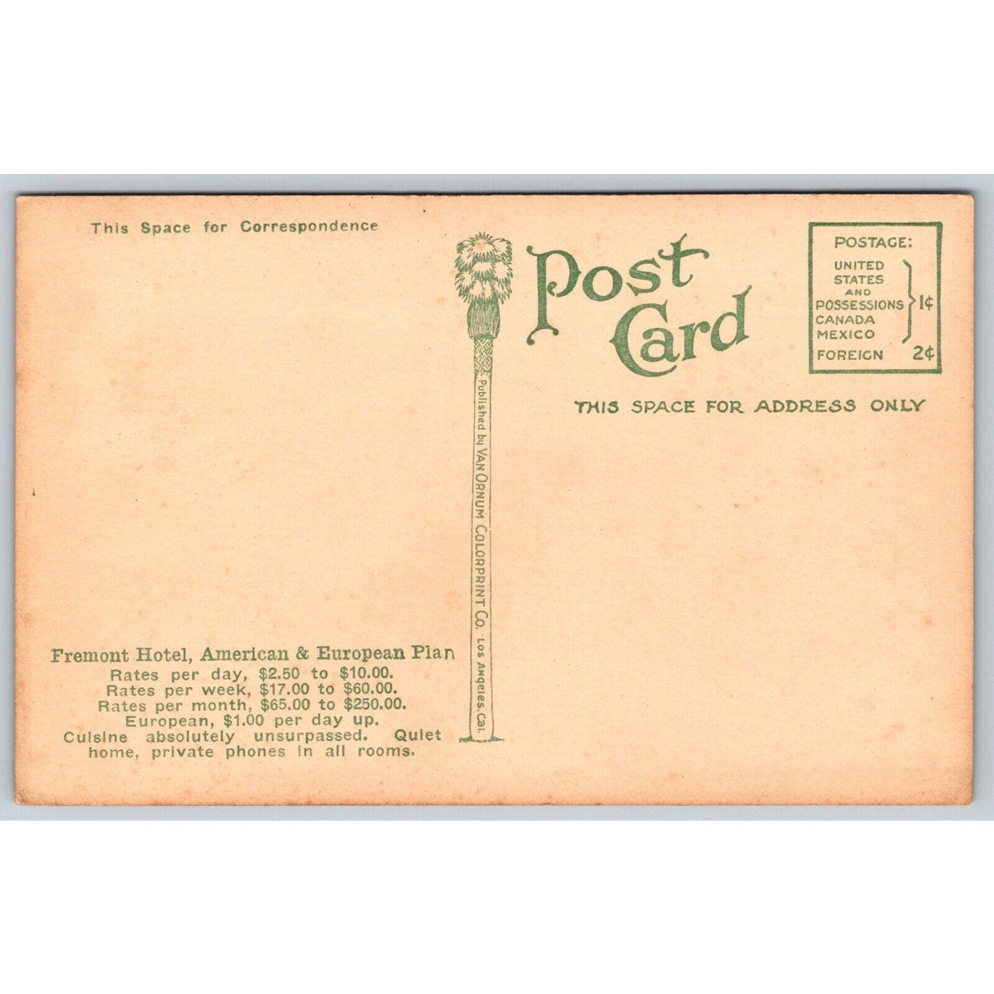 Fremont Hotel Los Angeles Jauch Advertising Postcard UP c1913 w/ Prices VGC