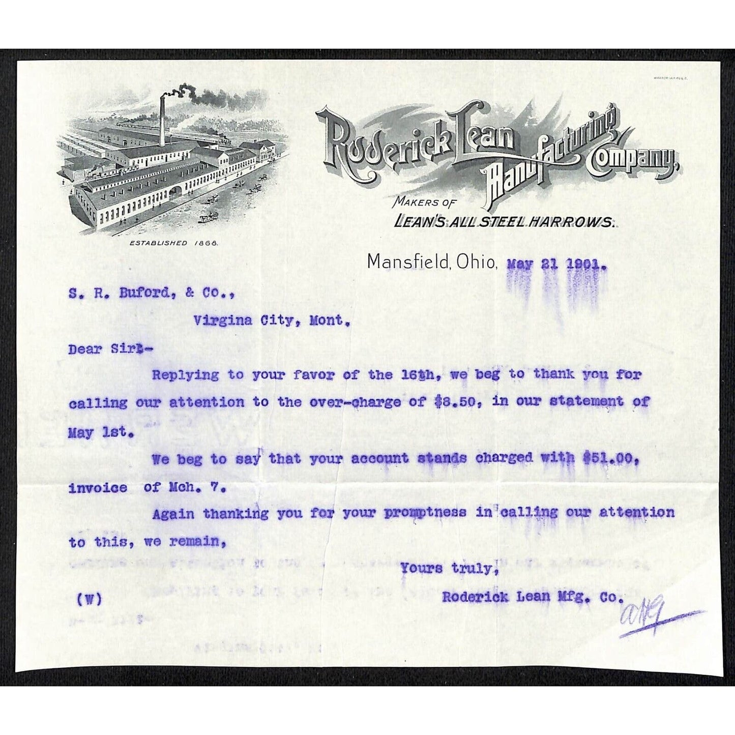 Mansfield, OH Roderick Lean Manufacturing Co Steel Harrows 1901 Billhead Buford*