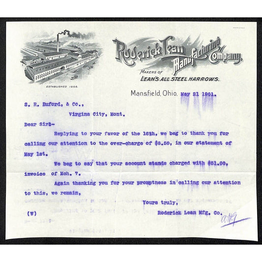 Mansfield, OH Roderick Lean Manufacturing Co Steel Harrows 1901 Billhead Buford*