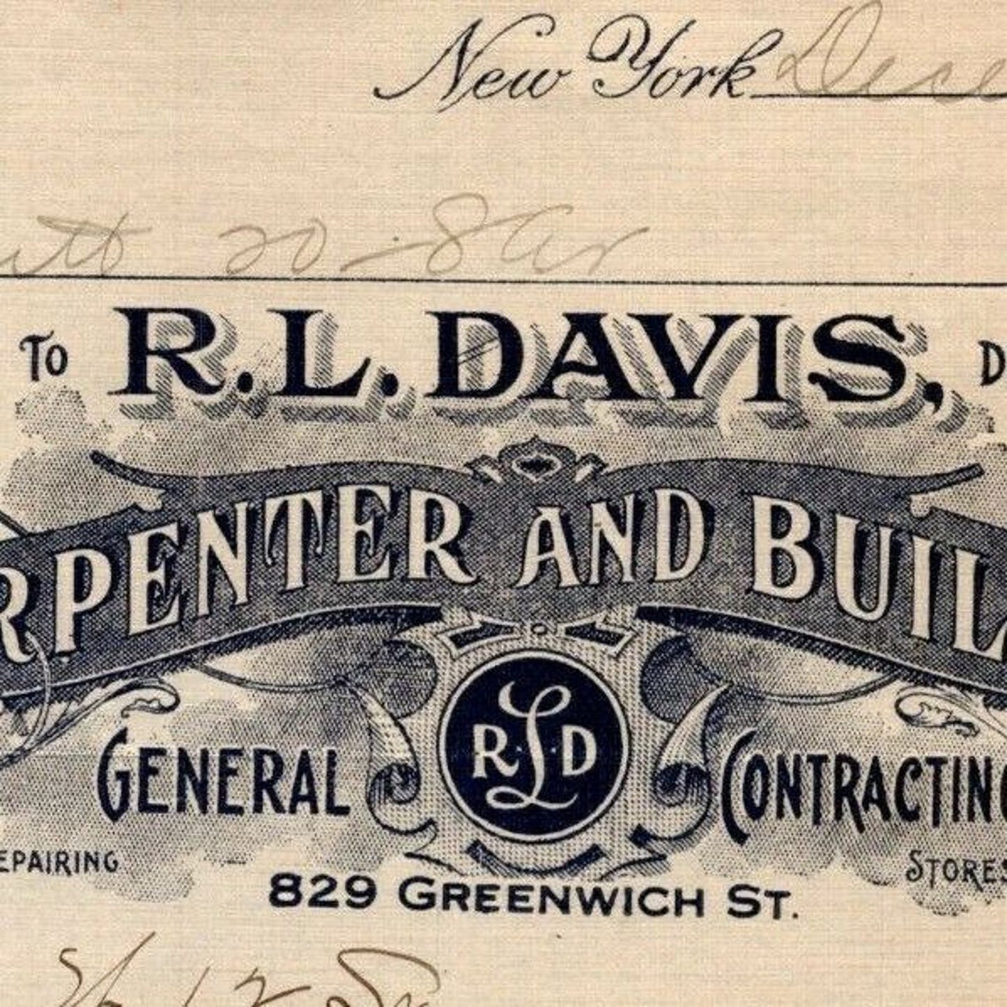 1916 "R. L. Davis, Carpenter and Builder" Billhead Letterhead Greenwich St NYC