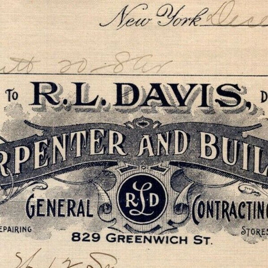 1916 "R. L. Davis, Carpenter and Builder" Billhead Letterhead Greenwich St NYC