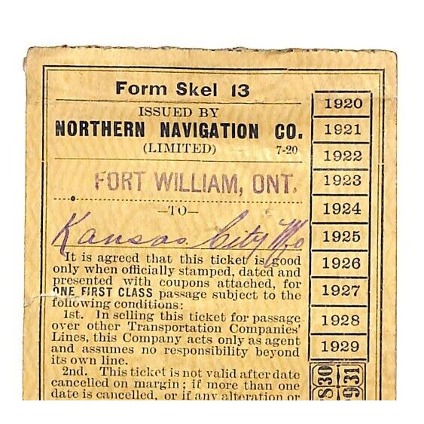 Northern Navigation Co. Railroad Ticket 1922 Fort William, ONT Scarce