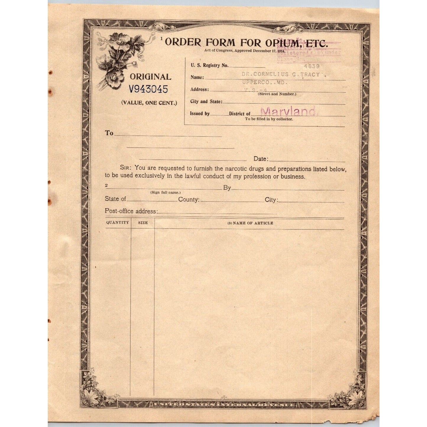 Opium / Narcotic Order Form - Original IRS Issued in Maryland c1922 V943045