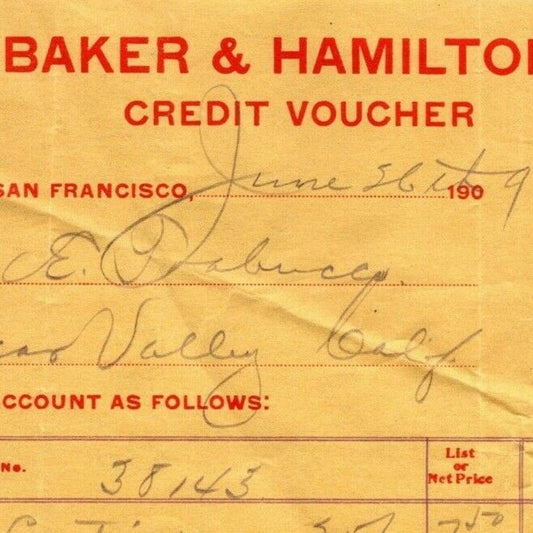 1909 Baker & Hamilton Credit Voucher San Francisco