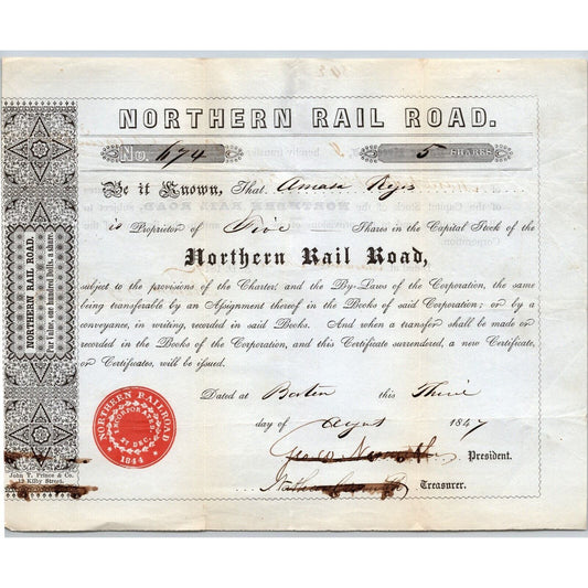 1847 Boston, MA Northern Railroad Stock Certificate No. 674 for 5 Shares