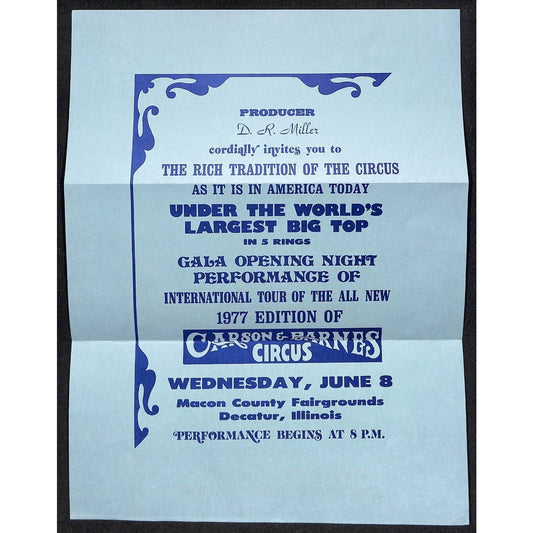 Carson & Barnes Circus Decatur, IL 6/8 1977 Opening Night Invitation Sheet