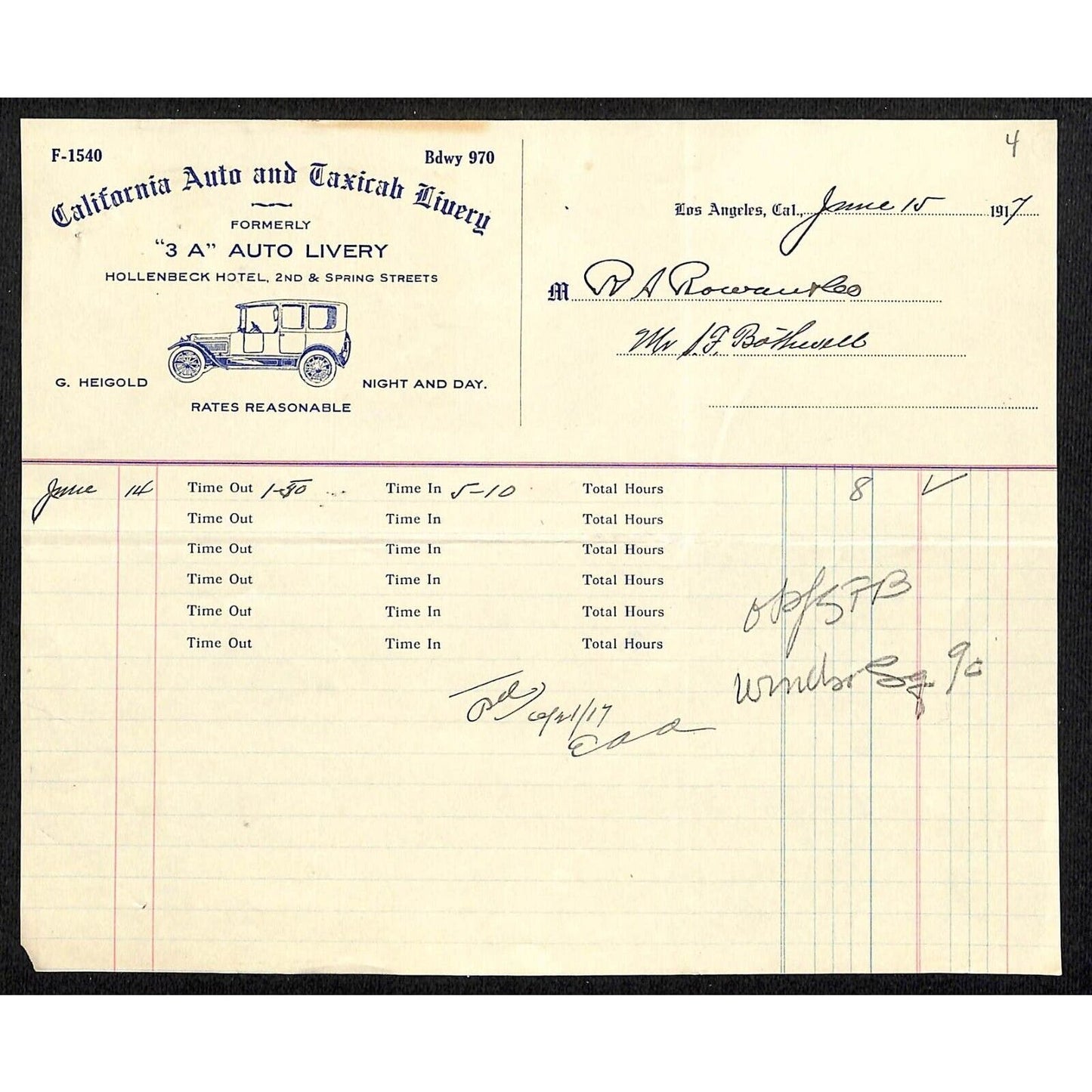 California Auto and Taxicab Livery April 1917 Billhead Letterhead - R.A. Rowan