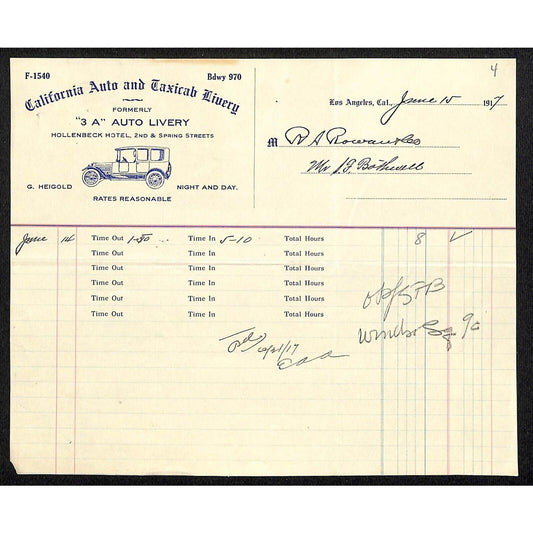 California Auto and Taxicab Livery April 1917 Billhead Letterhead - R.A. Rowan