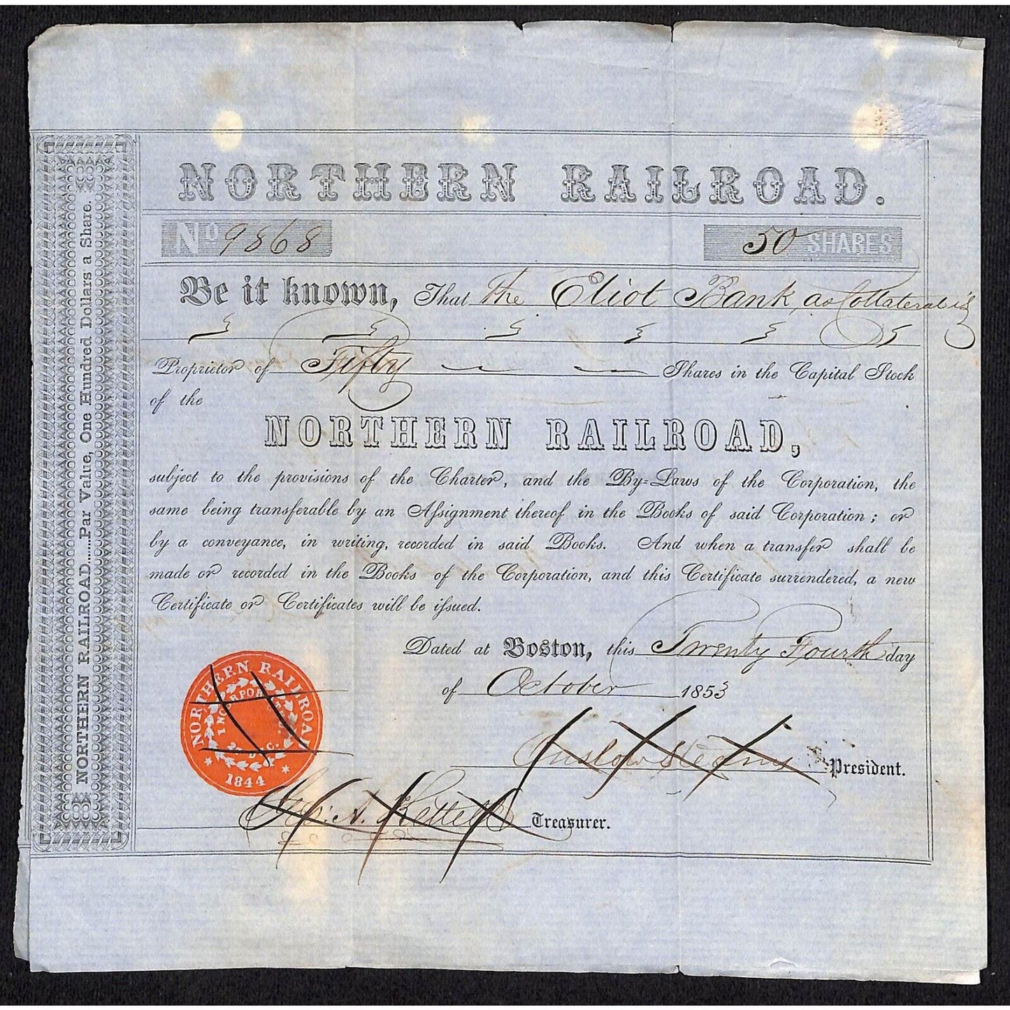 2 Affixed 1853 Northern Railroad Stock Certificates "The Eliot Bank" Boston