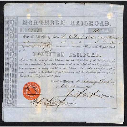 2 Affixed 1853 Northern Railroad Stock Certificates "The Eliot Bank" Boston