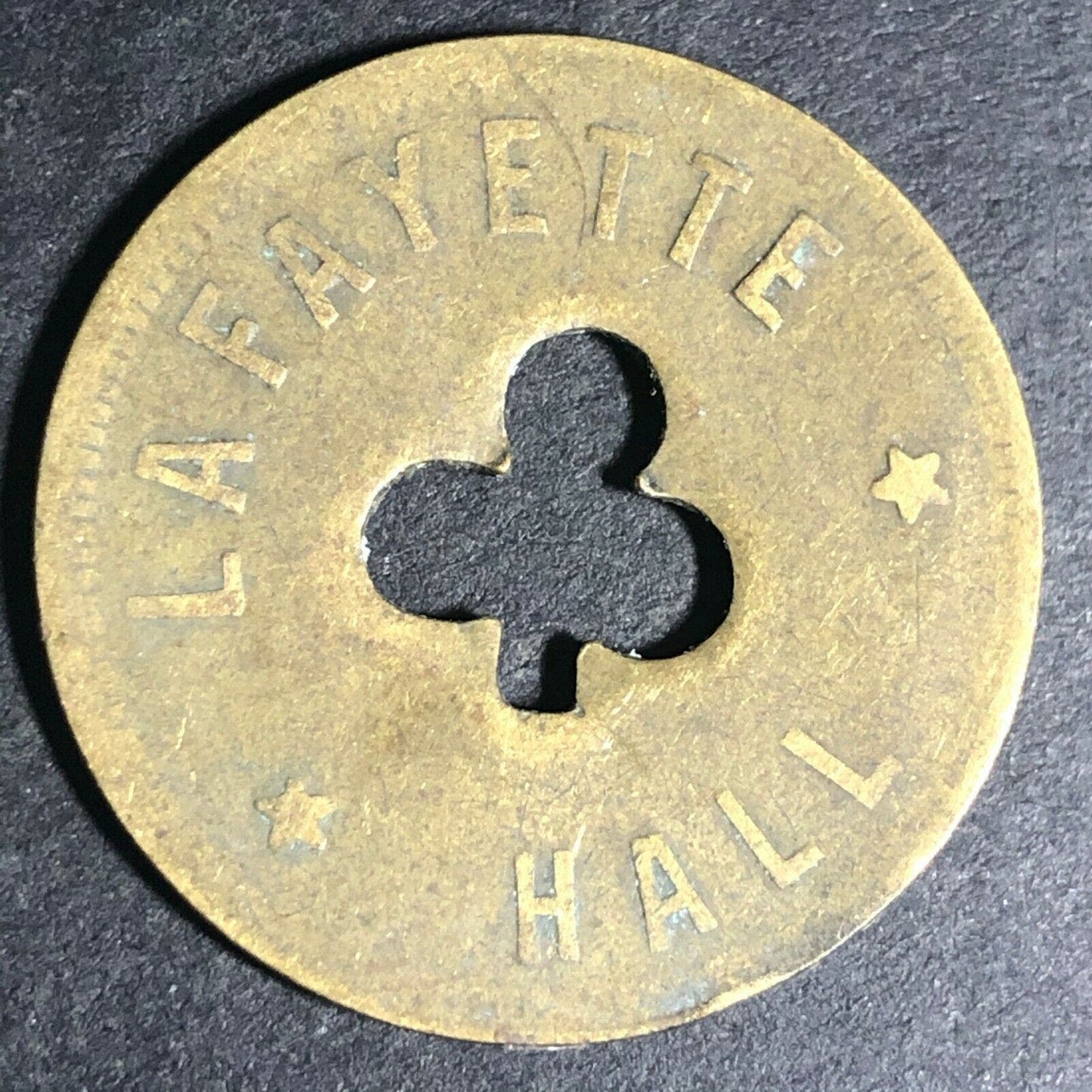 24.5mm Brass Lafayette Hall (Saloon Sacramento, CA) Token Clover Shamrock (#28)