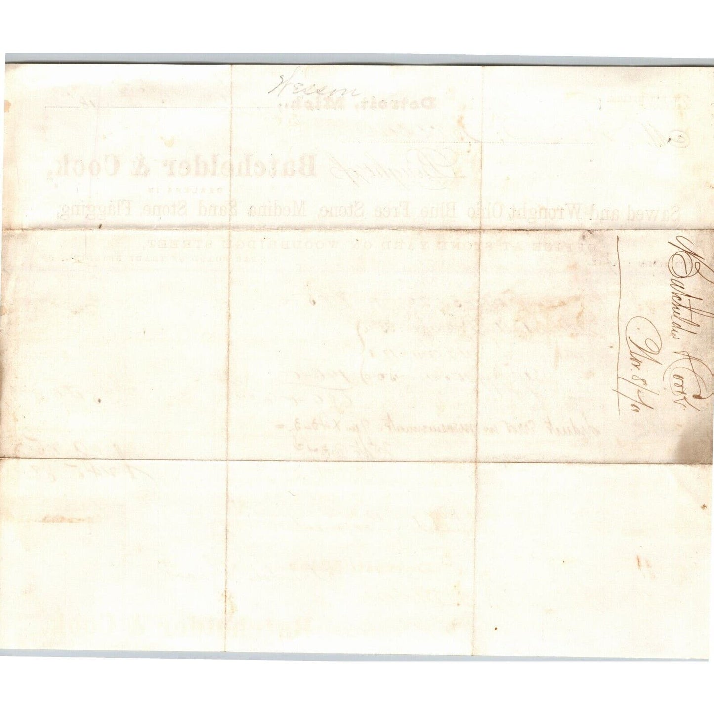 Detroit Letterhead Batchelder & Cook Sawed / Wrought Ohio Blue Free Stone 1879