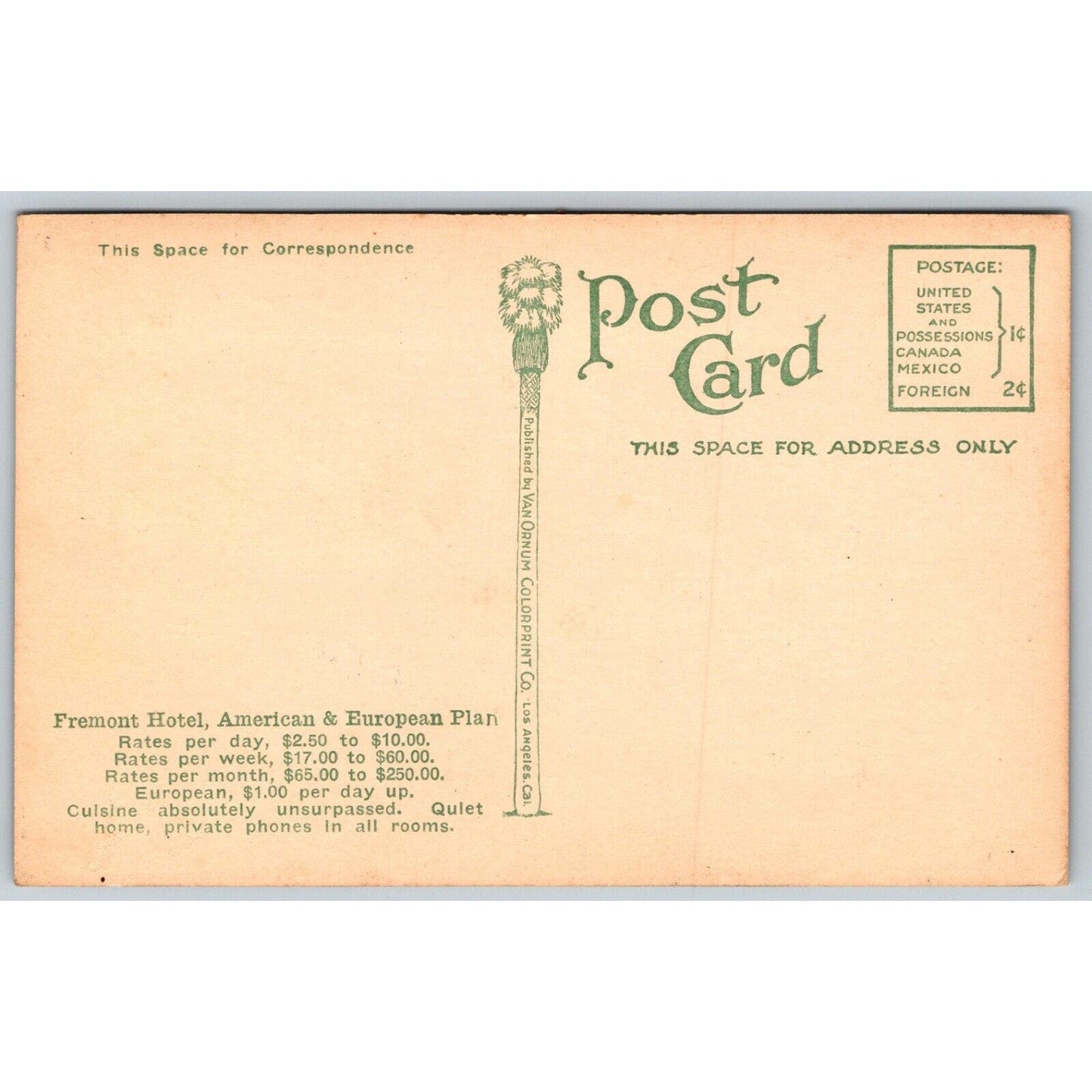 Fremont Hotel Los Angeles Jauch Advertising Postcard w/ Prices UP c1913 VGC