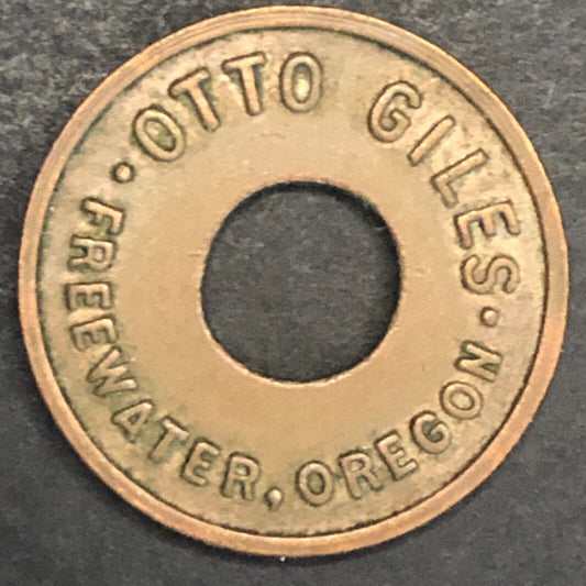 Freewater, Oregon Otto Giles G/F 5c Trade Token Brass Donut 21mm Scarce