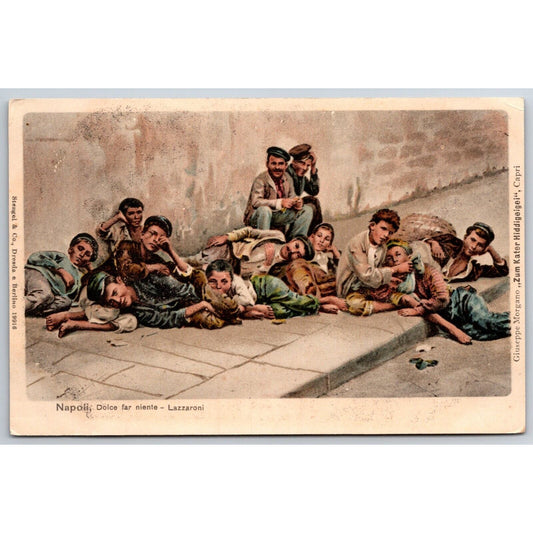 Naples Italian Postcard Group of Poor Men Boys Resting on a Sidewalk c1901-1907