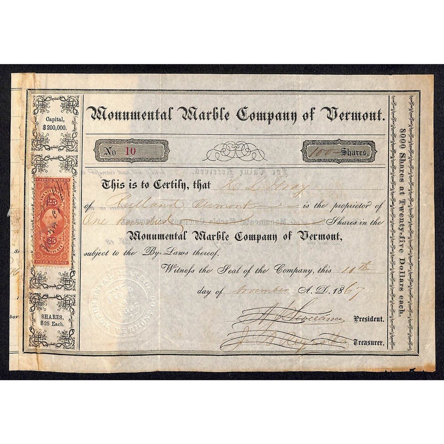 "Monumental Marble Company of Vermont" Rutland 1867 Stock Certificate H.L Gray