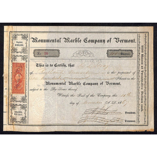 "Monumental Marble Company of Vermont" Rutland 1867 Stock Certificate H.L Gray
