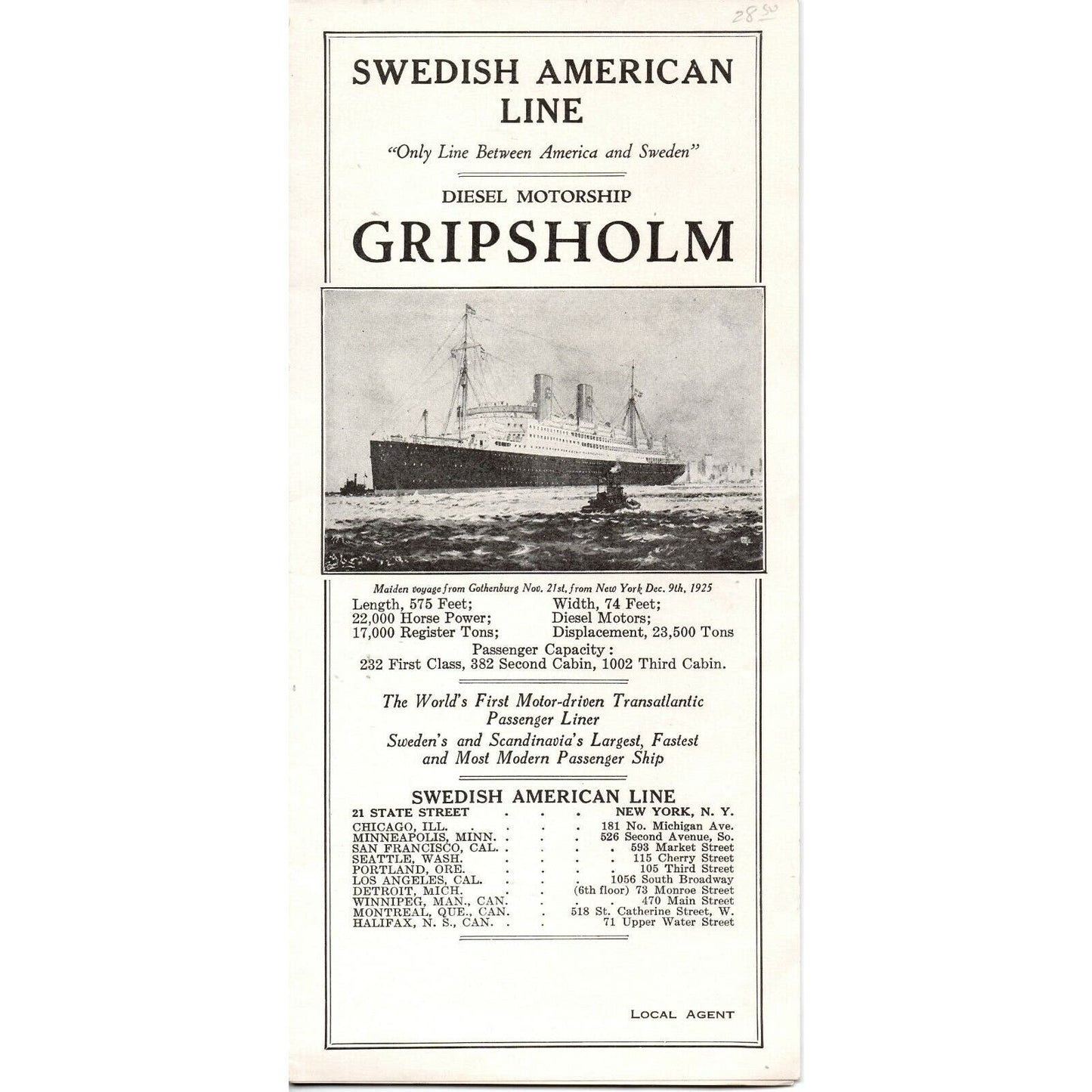 c1927 Swedish American Line "Gripsholm" Cruise Line Single Sheet Brochure VGC