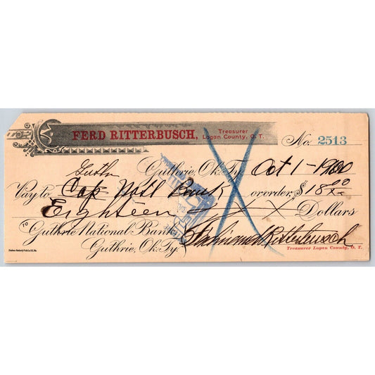 Guthrie, Oklahoma 1900 Territorial County Treasurer Bank Check - Red Ink Scarce