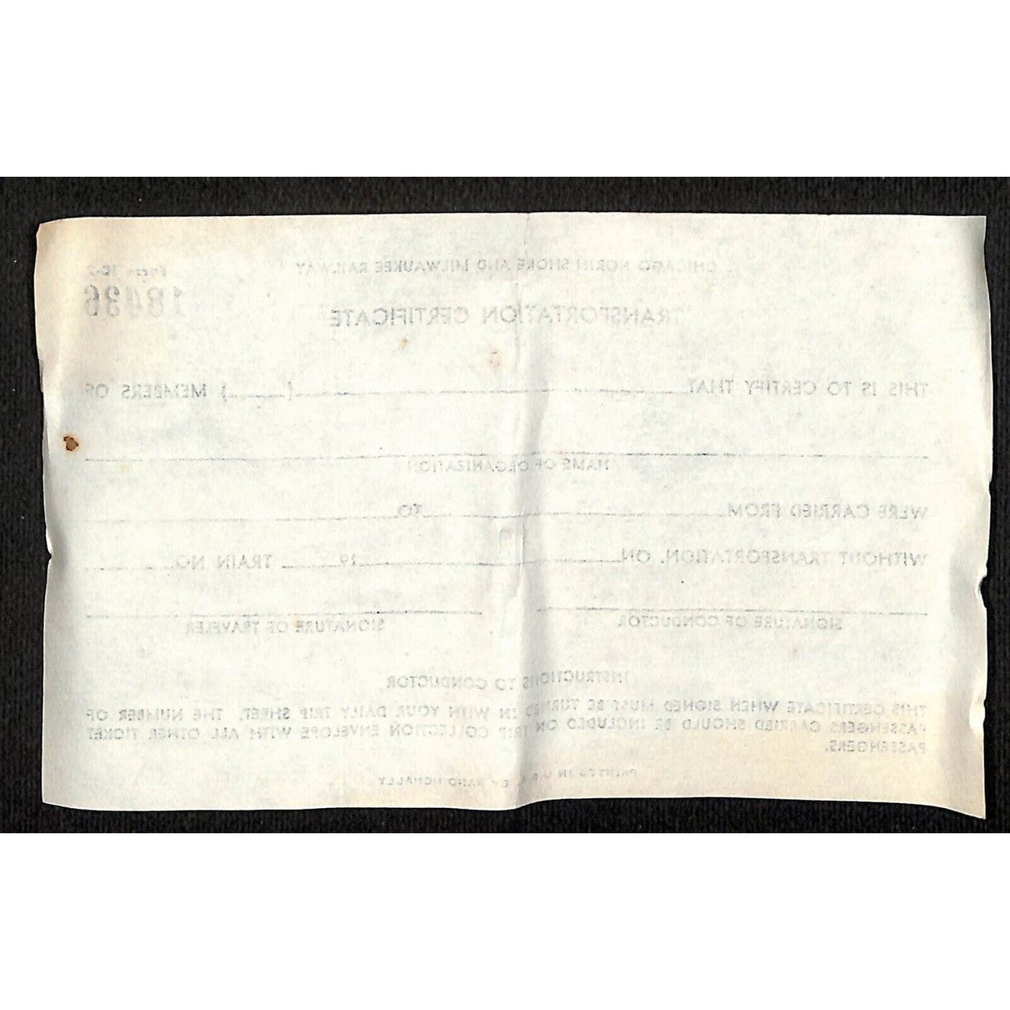 Chicago North Shore & Milwaukee Railway "Transportation Certificate" #18436
