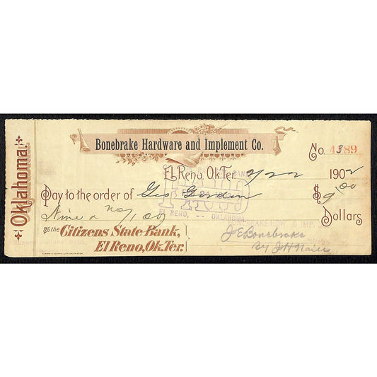 El Reno, OK 1902 Territorial "Bonebrake Hardware and Implements" Check Scarce